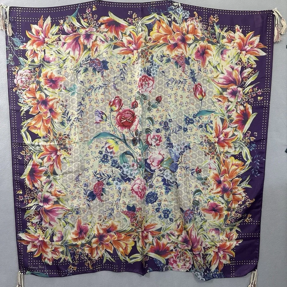 Johnny‎ Was Silk Floral Print Scarf Tasseled Colorful Artsy Boho Square Women's